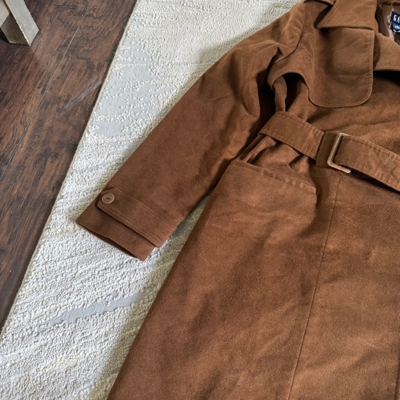 Gap long brown faux suede trench coat belted jacket large new - Picture 7 of 10